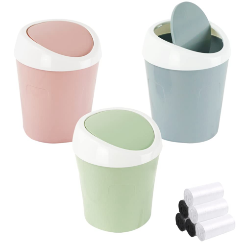 Mini papperskorg med svängbart lock, blå + grön + rosa, plast