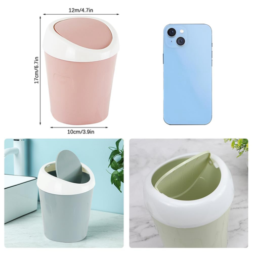 Mini papperskorg med svängbart lock, blå + grön + rosa, plast 2