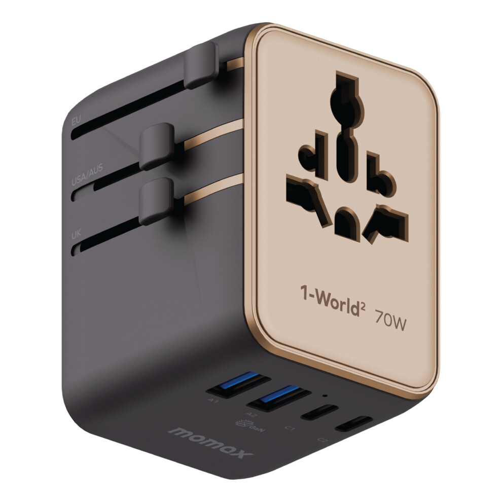 (Desert ) Momax 1-World 2 Dual Ac Mini Gan Global Travel Gold 6914284573171