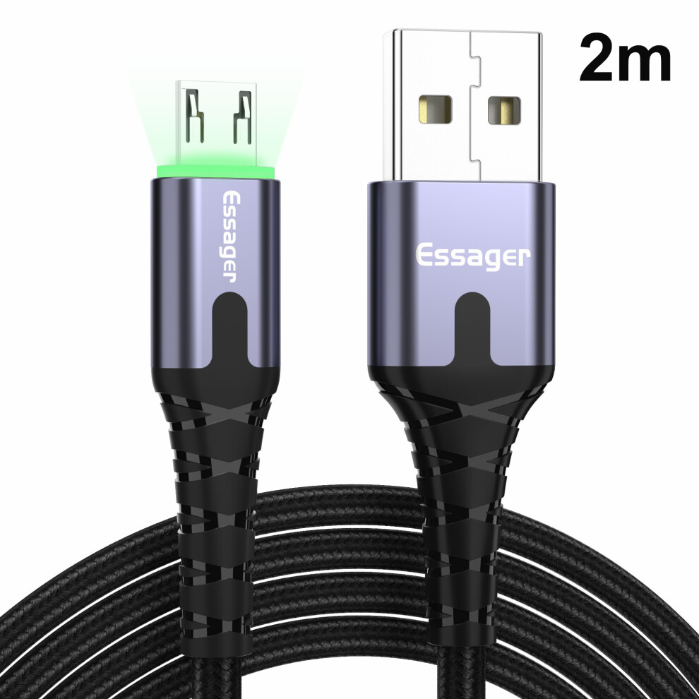 ( ) Essager Micro Usb To Usb Nylon Braided Data Sync Charging Cord With Led Indicator 2M - Dark/Grey/Red 6914288474757