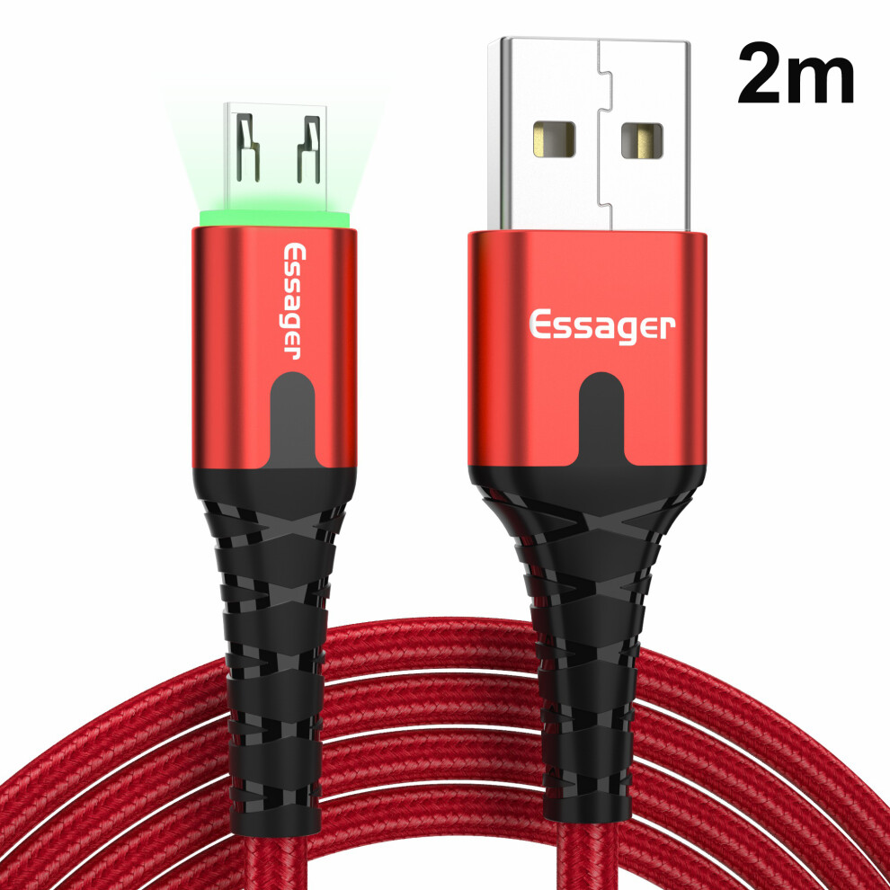 (Red) Essager Micro Usb To Usb Nylon Braided Data Sync Charging Cord With Led Indicator 2M - Red 6914282062806