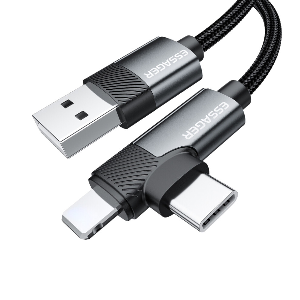 Essager 1M Usb-A To Ip + Type-C 90 Degree Right Angle 3A Fast Charging Data Cable 6914280590134