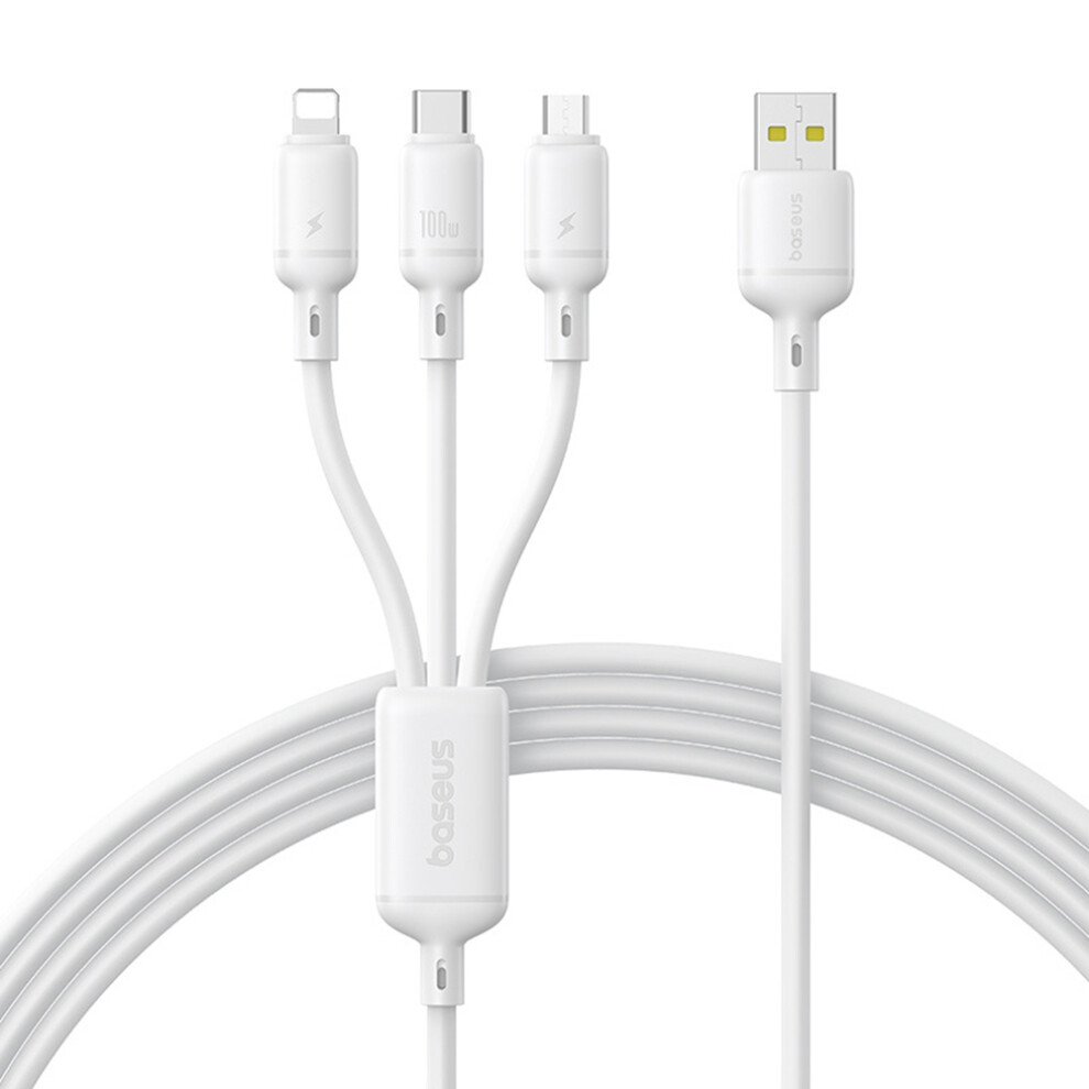 () Baseus Silky 1.5M One-For-Three Usb-A To Micro + Ip + Type-C 100W Fast Charging Cable - White/Black 6914288481908