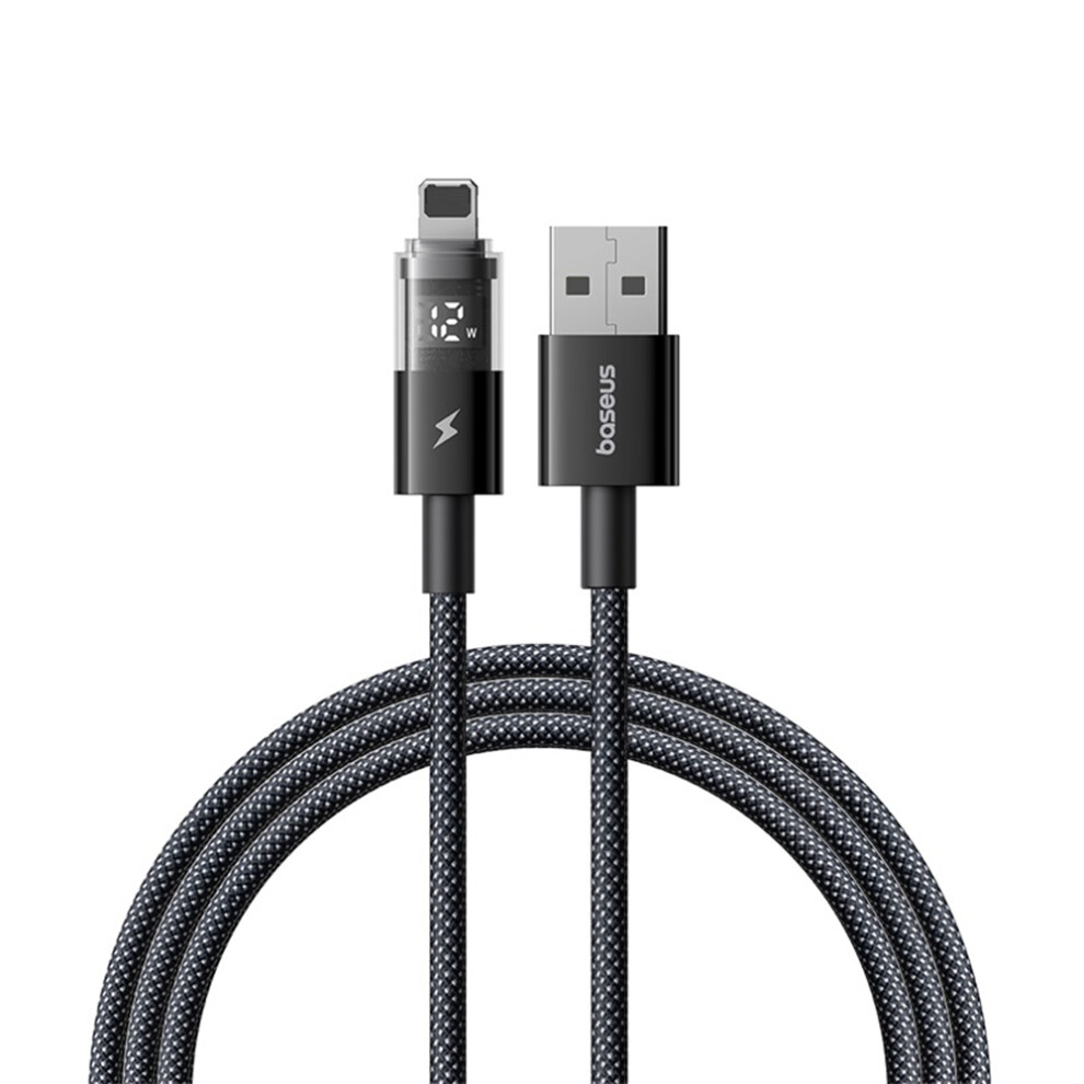 (Black) Baseus Usb To Lightning Cable 2.4A Fast Charging Data Cable Digital Display Transparent Port 1M Nylon Braided - Black 6914285748691