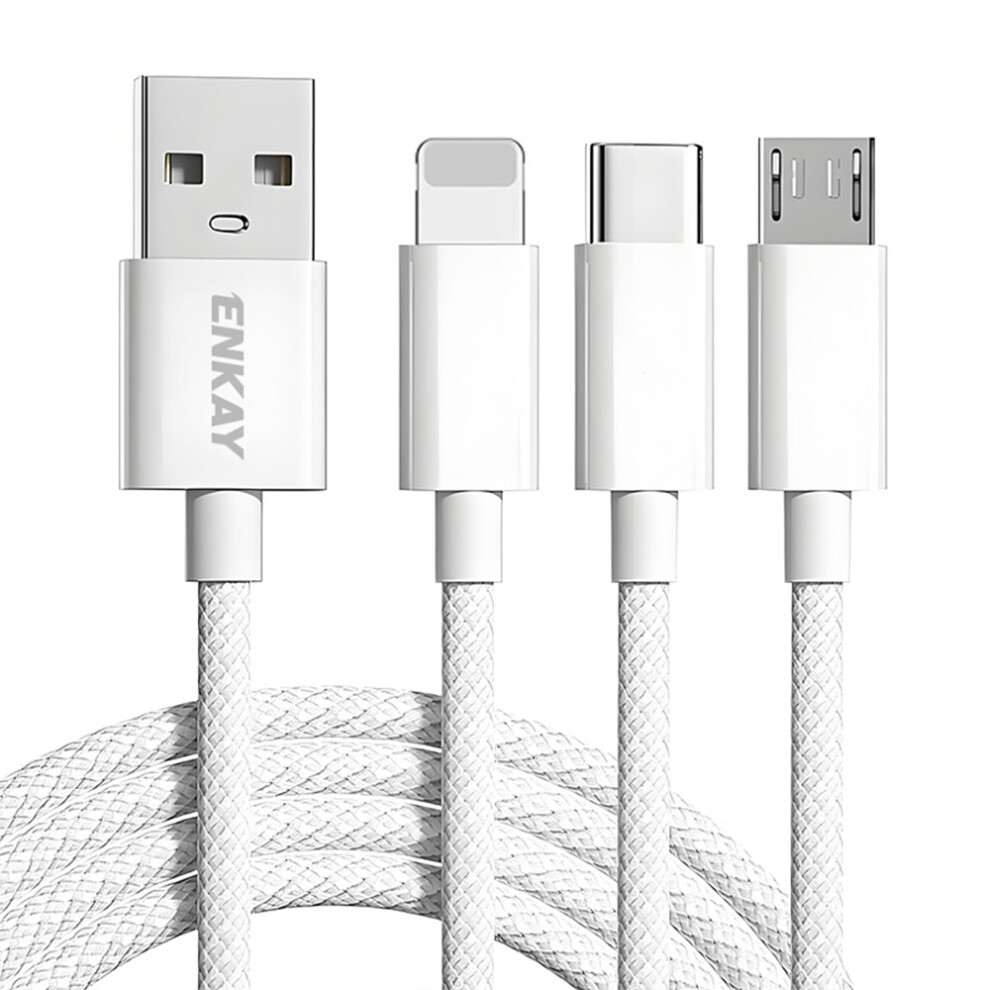 () Enkay 1M 3 In 1 Usb To Ip Type-C Micro Usb 60W Charging Data Cable Braided Wire - White/Blue 6914282781967