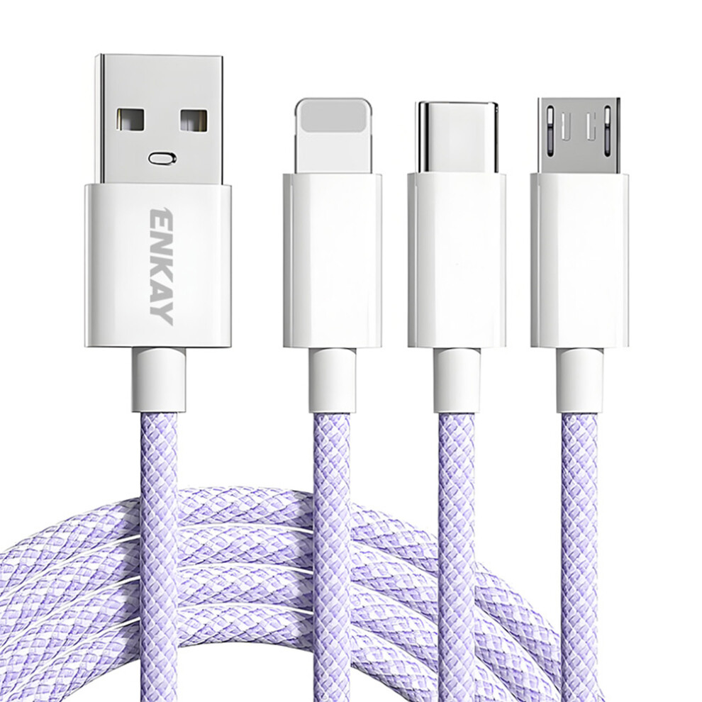 () Enkay 1M 3 In 1 Usb To Ip Type-C Micro Usb 60W Charging Data Cable Braided Wire - Purple/Blue 6914288968546