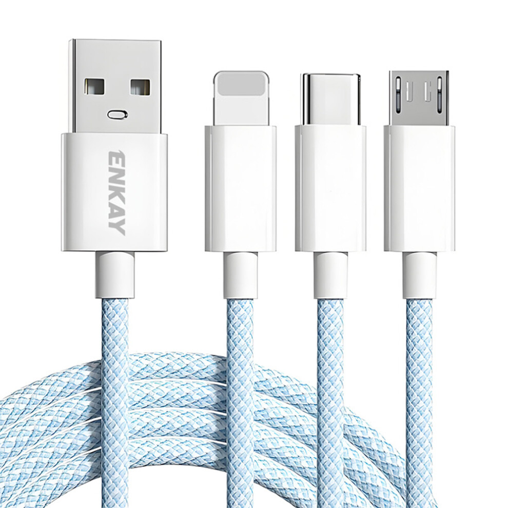 (Blue) Enkay 1M 3 In 1 Usb To Ip Type-C Micro Usb 60W Charging Data Cable Braided Wire - Blue 6914286708793