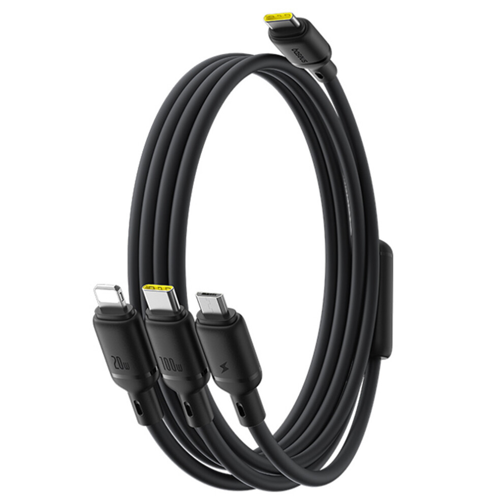 () Baseus Silky 1.5M One-For-Three Usb-C To Micro + Ip + Type-C 100W Fast Charging Cable - Black/White 6914286303974