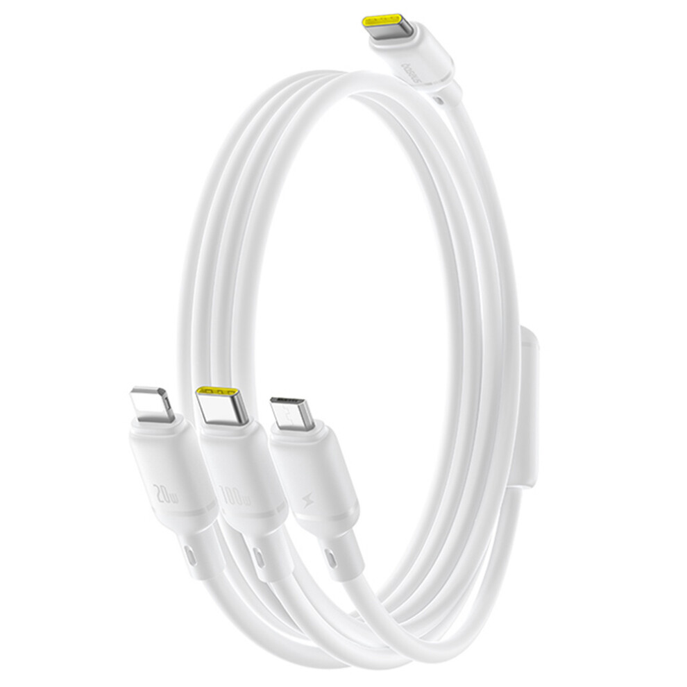(White) Baseus Silky 1.5M One-For-Three Usb-C To Micro + Ip + Type-C 100W Fast Charging Cable - White 6914287522138