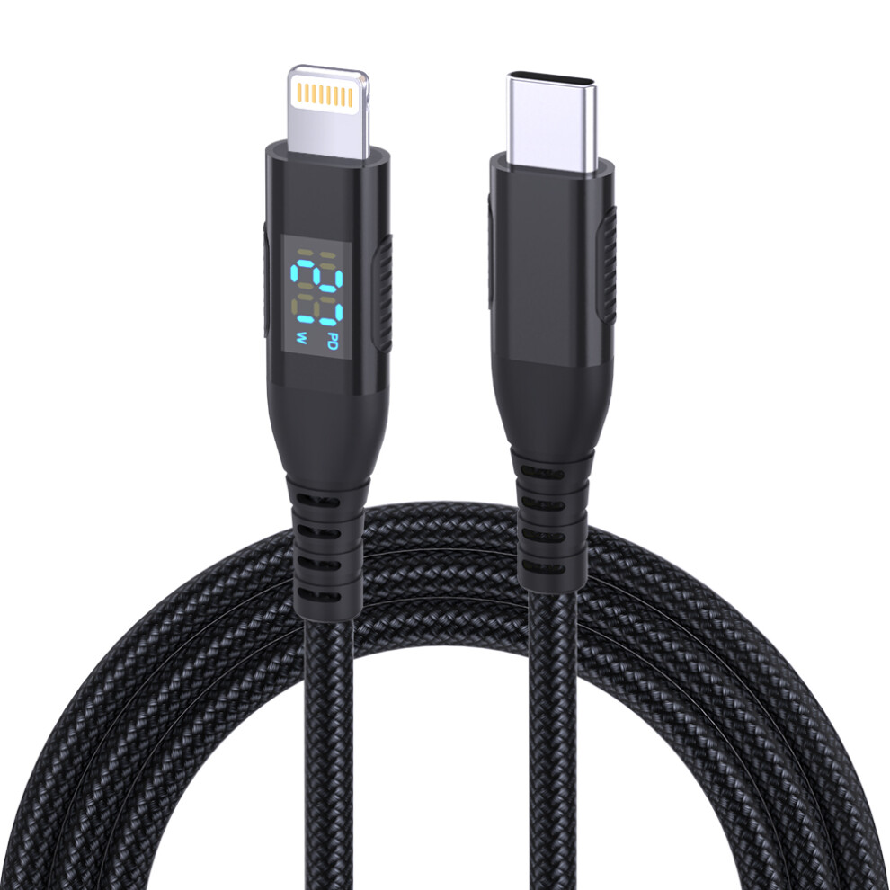 (Black) 1M Usb C To Lightning Cable Digital Display Pd 27W Fast Charging Nylon Braided Cord - Black 6914283860975