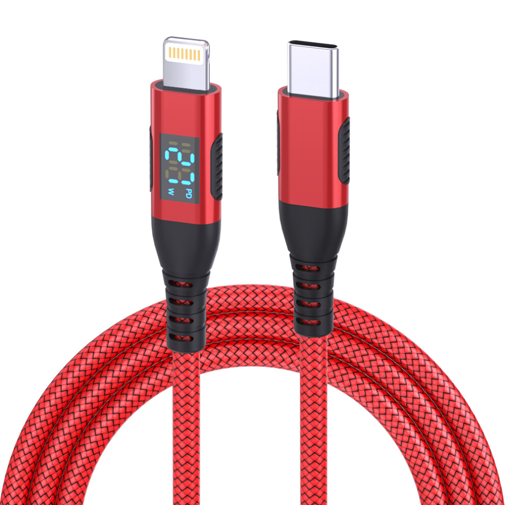 () 2M Usb C To Lightning Cable Digital Display Pd 27W Fast Charging Nylon Braided Cord - Red/Black 6914285845840