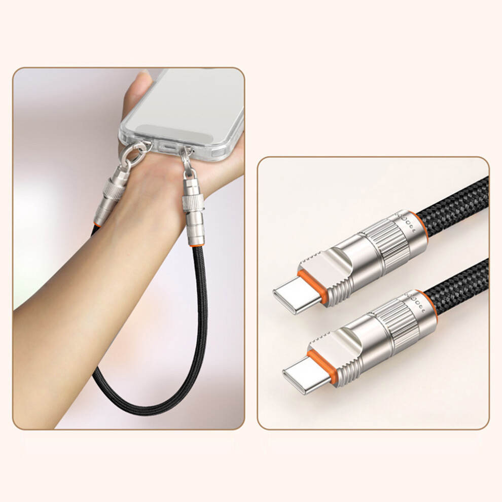 () 30Cm Cell Phone Wrist Strap Charging Cable Type-C To Type-C 66W Fast Charge Data Cord Phone Lanyard - Black/Orange 6914283195886