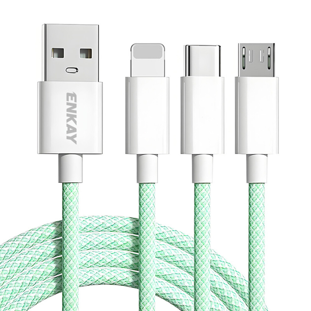 () Enkay 2M 3 In 1 Usb To Ip Type-C Micro Usb 60W Charging Data Cable Braided Wire - Green/Blue 6914283654017