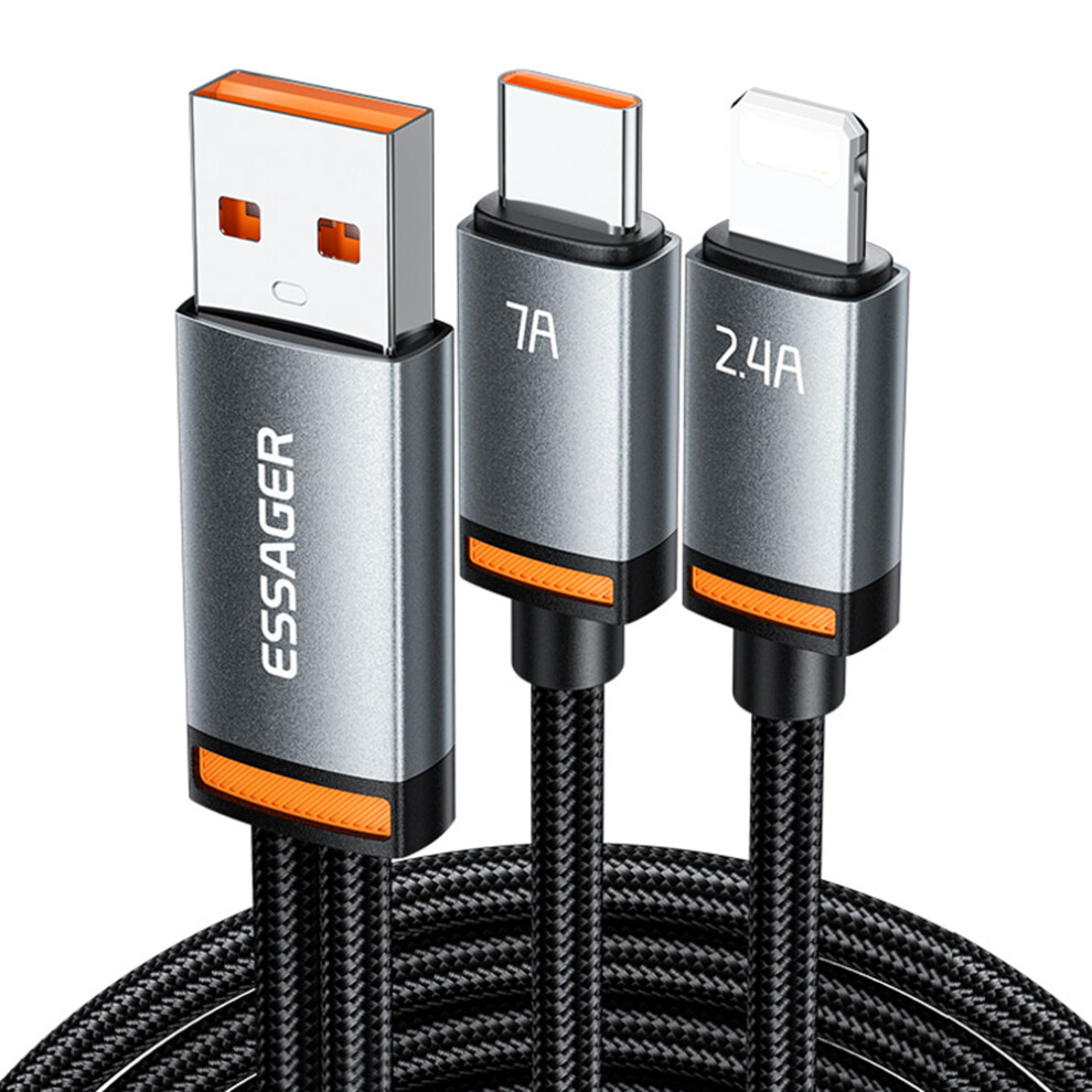 () Essager 1M Usb-A To Ip + Type-C Fast Charging Cable 100W Pd Sync Data Transfer Cable - Grey/Black 6914288910507