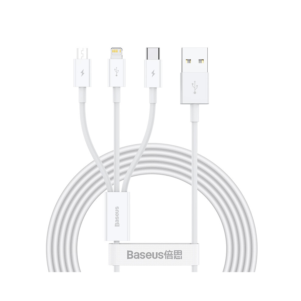 Baseus Superior Series 3-In-1 1.5M 3.5A Fast Charging Data Cable Cord [Micro Usb+Type-C+Ip] - White 6914281765760