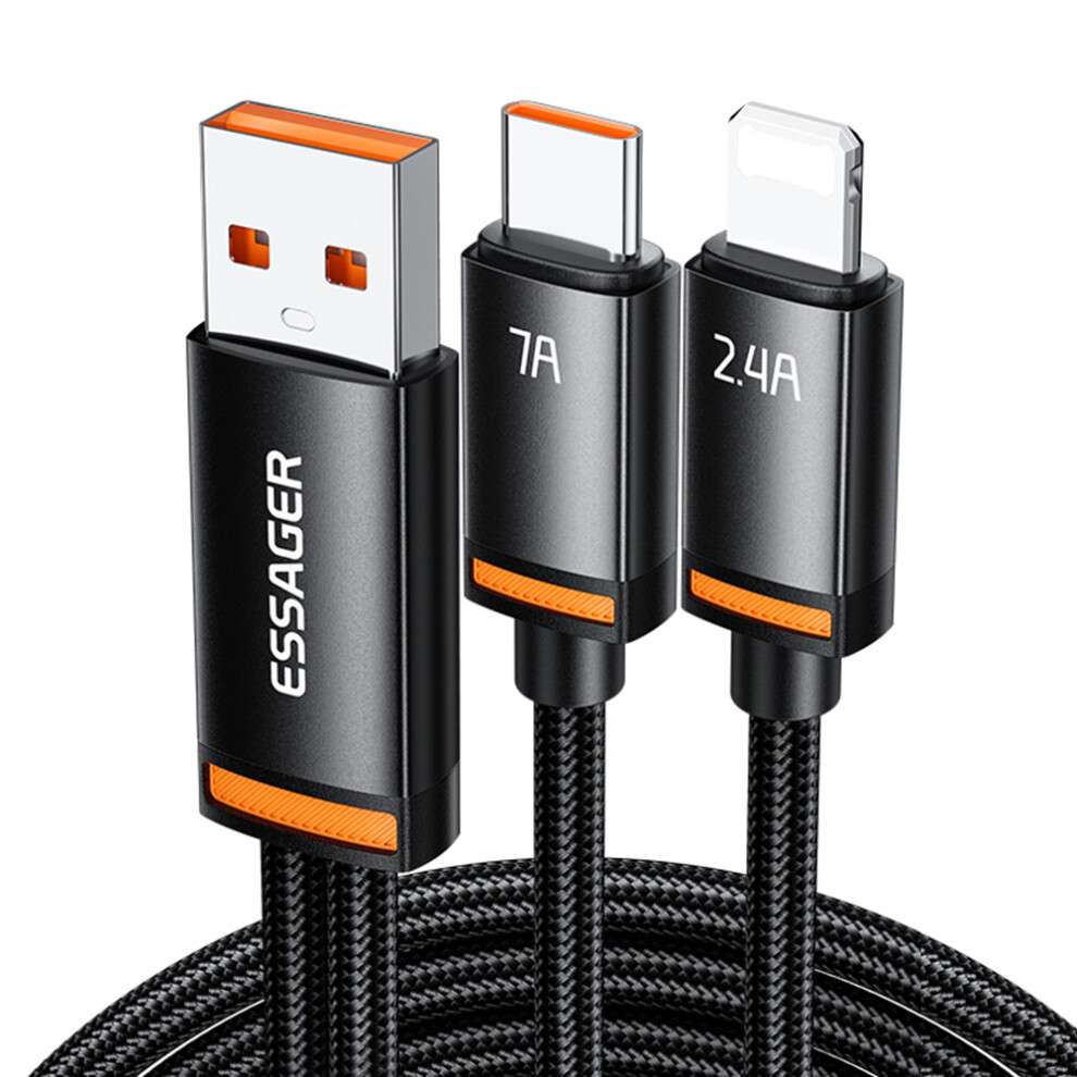 (Black) Essager 1M Usb-A To Ip + Type-C Fast Charging Cable 100W Pd Sync Data Transfer Cable - Black 6914283786251