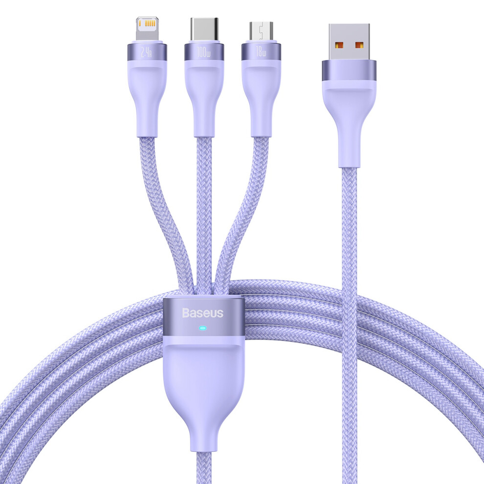 () Baseus Flash Series Ii Usb To Micro+6 Pin+Type-C Cord One-For-Three 100W Fast Charging Data Cable, 1.2M - Purple/Black 6914286462855