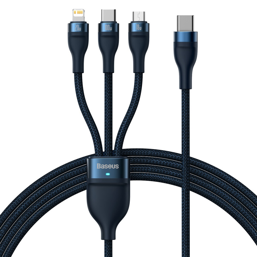() Baseus Flash Series Ii 1.5M 3 In 1 Fast Charging Cable Type-C To Micro+Ip+Type-C 100W Wire - Blue/Black 6914283741472