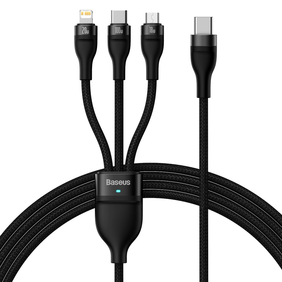 (Black) Baseus Flash Series Ii 1.5M 3 In 1 Fast Charging Cable Type-C To Micro+Ip+Type-C 100W Wire - Black 6914282791034