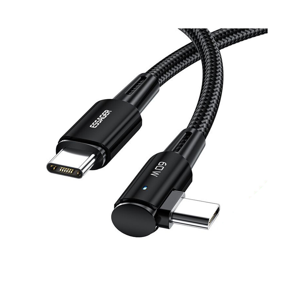 () Essager Chenguang 2M 60W Type-C To Type-C Elbow Cable Fast Charging 480Mbps Braided Data Cord - Black/Blue 6914284982867