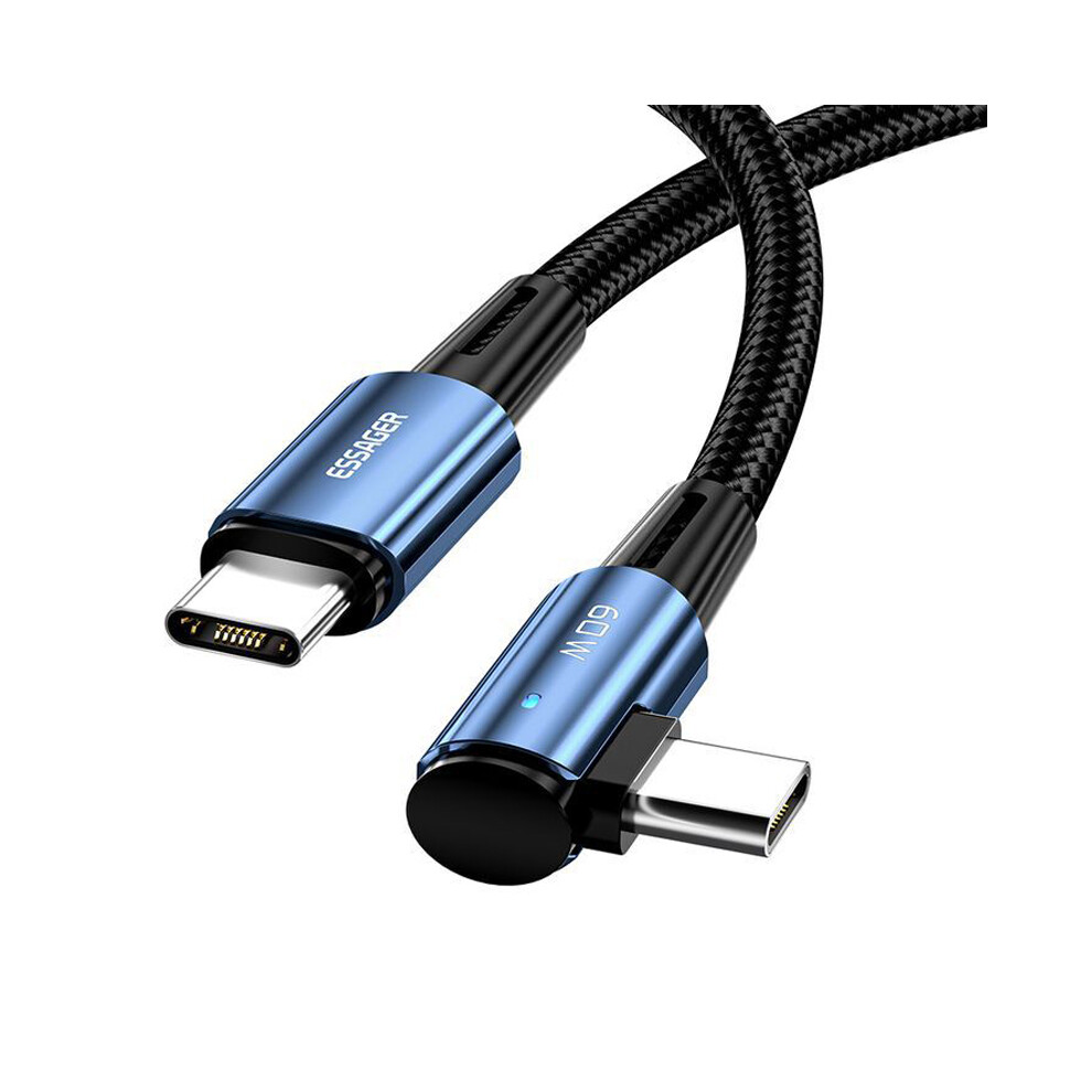 (Blue) Essager Chenguang 1M 60W Type-C Male To Type-C Male Elbow Cable Fast Charging Data Cord - Blue 6914287142237
