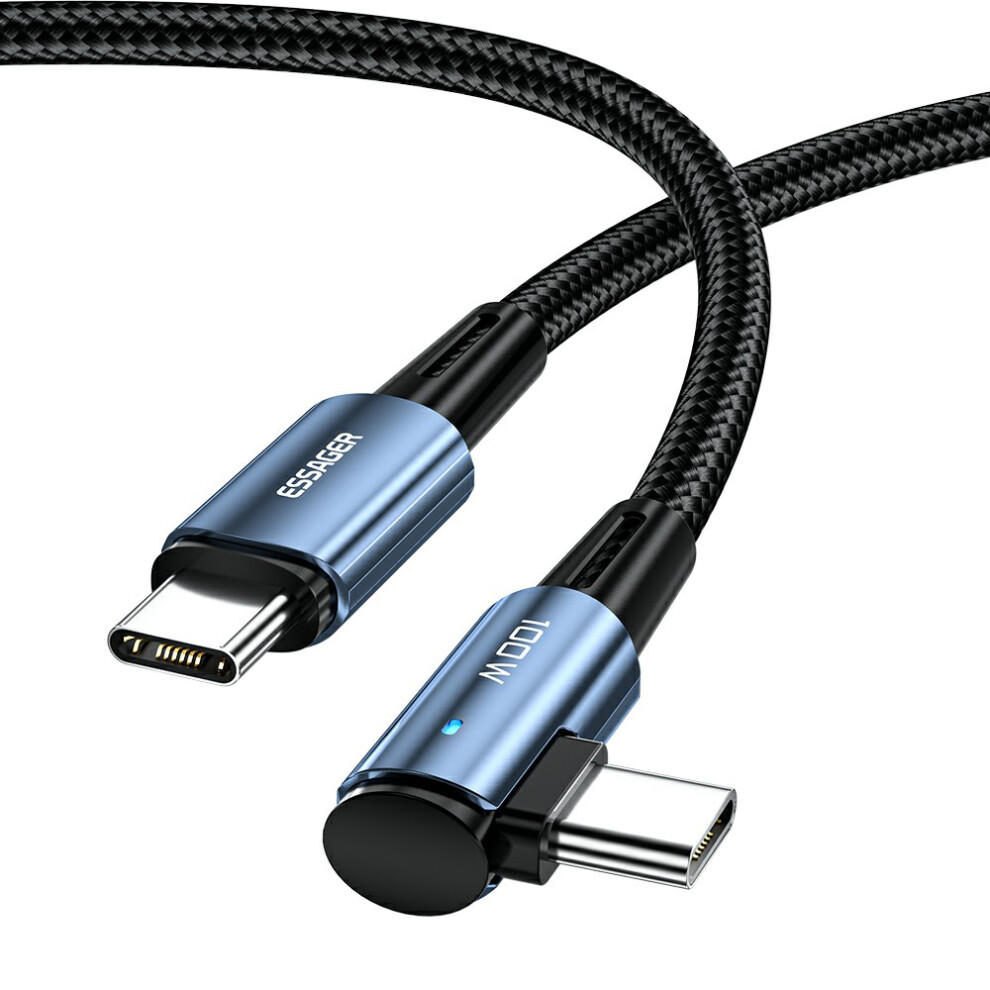 (Blue) Essager Chenguang 1M 100W Type-C Male To Type-C Male Elbow Cable 5A Fast Charging Braided Data Cord - Blue 6914289442960