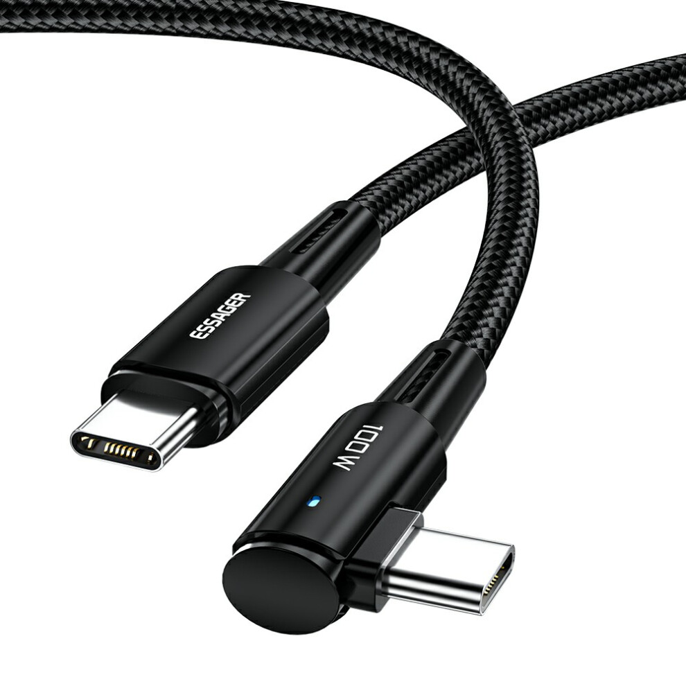 () Essager Chenguang 1M 100W Type-C Male To Type-C Male Elbow Cable 5A Fast Charging Braided Data Cord - Black/Blue 6914285854910