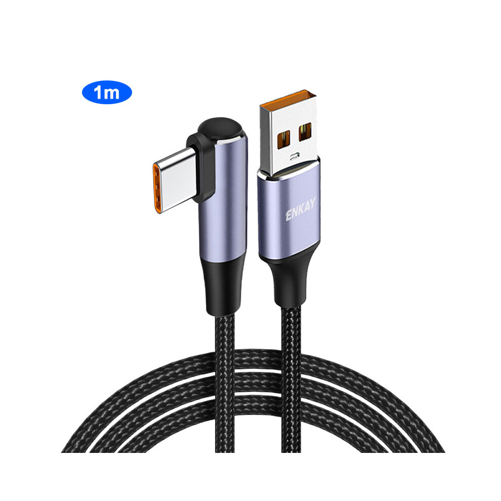 (Black) Enkay Hat Prince 1M 66W 6A Super Fast Charge Data Cable Usb To Elbow Type-C Braided Cord Support For Oppo Vivo Fast Charging - Black 6914289355314