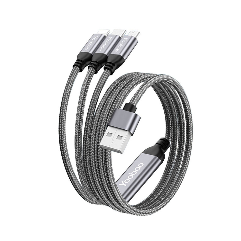 Yoobao V22 For Iphone 15 Series 3 In 1 Usb To Type-C Lightning Micro Retractable Data Cable 3A Fast Charging Nylon Braided Cord 6914288079761