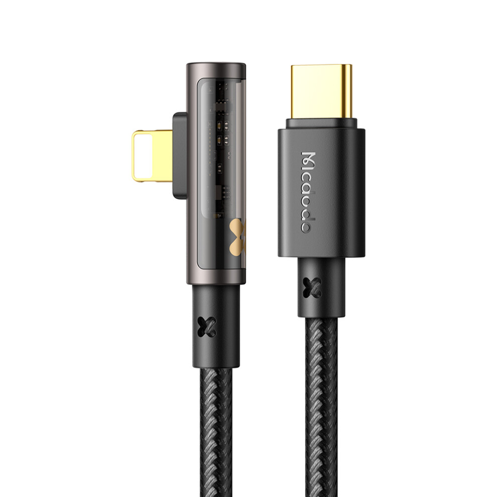 Mcdodo Ca-3390 1.2M 90 Degree Type-C To Lightning Transparent Data Cable Pd 36W Fast Charging Cord - Black 6914281883181