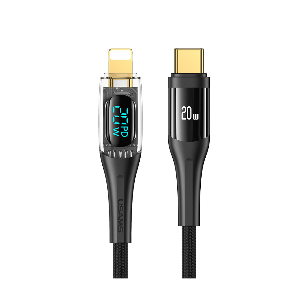 Usams Us-Sj588 1.2M Shadow Series Type-C To Lightning Pd 20W Transparent Digital Display Fast Charging Cable - Black 6914286672551