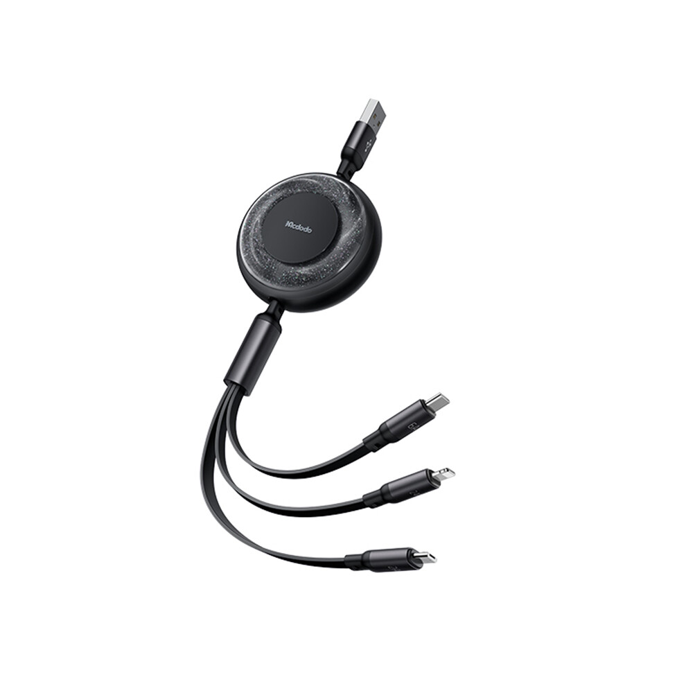 Mcdodo Ca-373 Mdd For Iphone 15 Series 3-In-1 66W Retractable Charging Cable Usb-A To Lightning + Type-C + Micro Usb Luminous Data Cord - Black 6914280377056