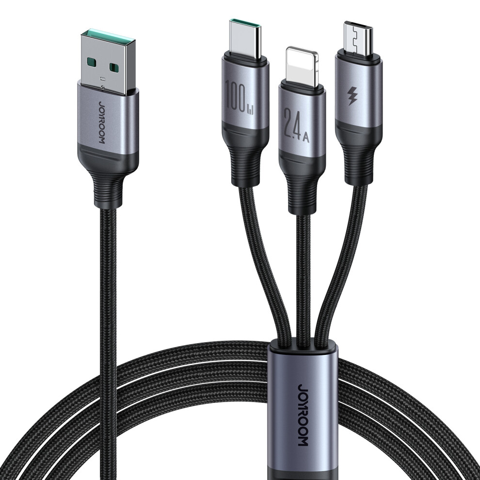 Joyroom Sa21-1T3 Speedy Series For Iphone 15 Series 1.2M 3-In-1 Charging Cable 100W Nylon Braided Usb-A To Ip+Type-C+Micro Fast Charging Cord 6914289417869