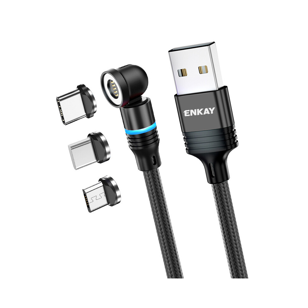 () Enkay Hat Prince 2M Magnetic Phone Charger Cable 3A Usb To Ip Type-C Micro Usb Nylon Braided Data Cord With Led - Black/Light/Green 6914284438241