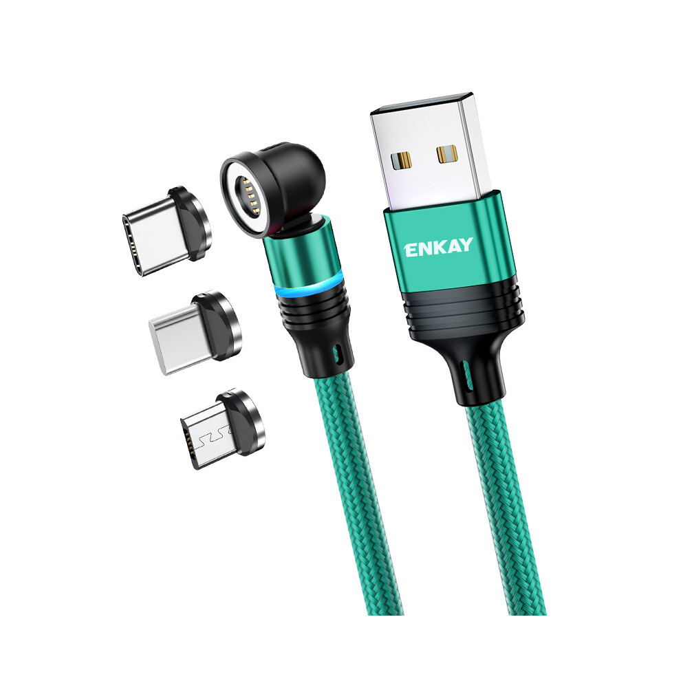 () Enkay Hat Prince 2M Magnetic Phone Charger Cable 3A Usb To Ip Type-C Micro Usb Nylon Braided Data Cord With Led - Green/Light 6914283019045