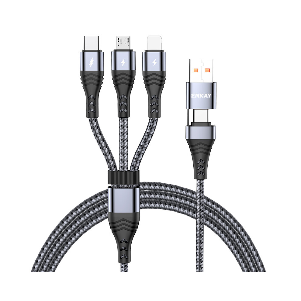 () Enkay 5A Fast Charging Cable Type-C Usb To Ip Type-C Mcro Usb Charging Cord, 1.2M - Grey/Black 6914288242516