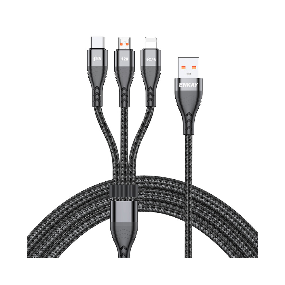 (Black) Enkay 3 In 1 Usb To Ip Type-C Mcro Usb Fast Charging Cord, Nylon Braided 1.2M 6A Cell Phone Cable - Black 6914280194363