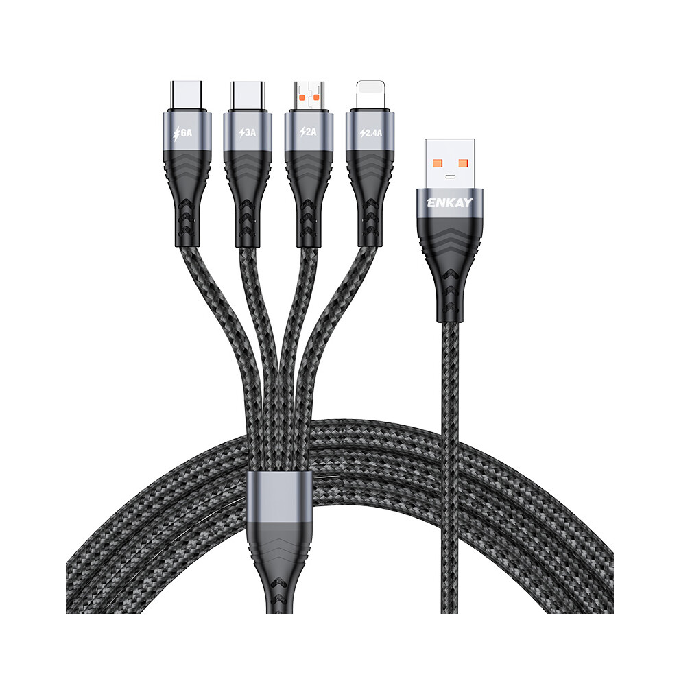 () Enkay 6A Fast Charging Cable 1.2M 4 In 1 Usb To Ip Type-C Mcro Usb Charging Data Cord - Grey/Black 6914283782413