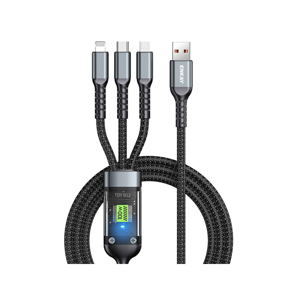 Enkay Hat Prince 1.2M 3-In-1 Charging Cable Usb A To Ip+Type-C+Micro Usb 5A Fast Charging Cord With Indicator Light 6914289005097