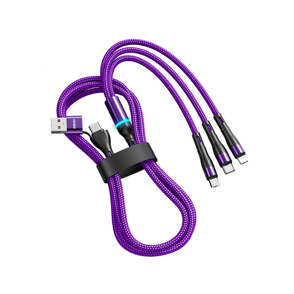 () Enkay 1.3M Usb Type-C To Ip Type-C Micro Usb 5A Fast Charge Data Cable With Led Indicator, Nylon Braided - Purple/Black 6914284960339
