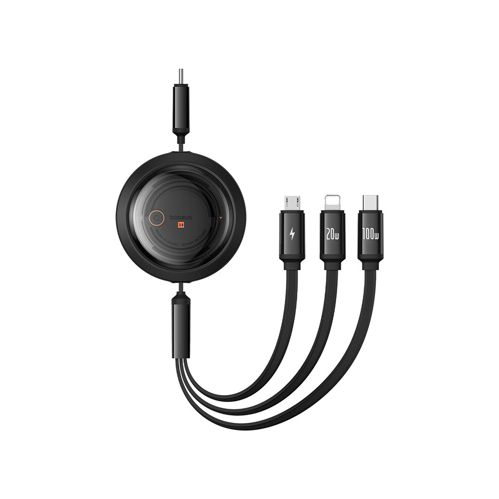 (Black) Baseus Free2draw Retractable Crystal Fast Charging Data Cable Type-C To Micro+Ip+Type-C 100W, 1.1M - Black 6914289409215