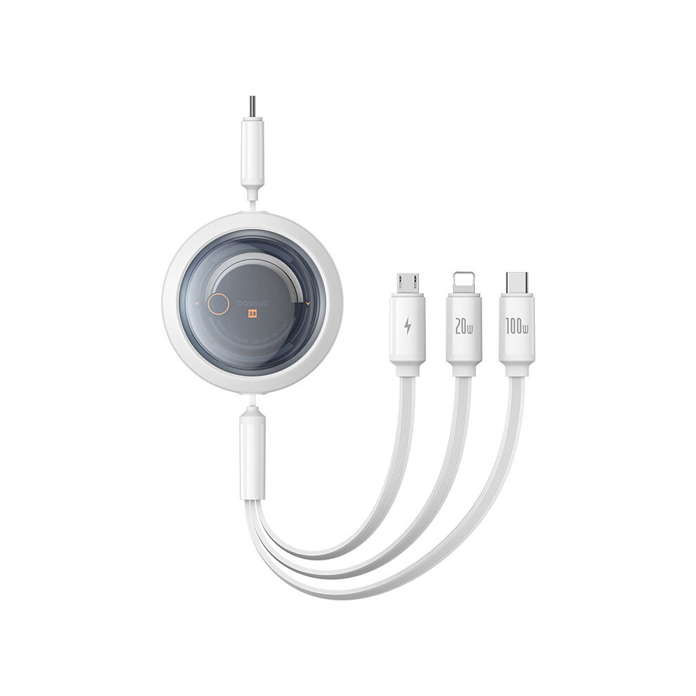 () Baseus Free2draw Retractable Crystal Fast Charging Data Cable Type-C To Micro+Ip+Type-C 100W, 1.1M - White/Black 6914281413791