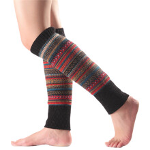 (Black) Durable Women Striped Ethnic Knitting Wool Footless Leg Warmers Any