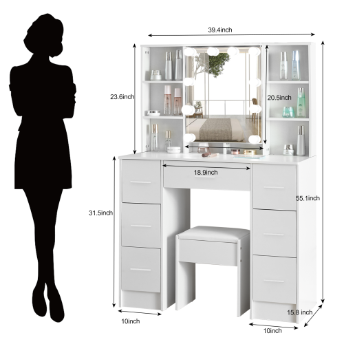 Vanity Makeup Table Set w/ 10LED Lights Mirror,7 Drawers Desk Stool UK 2