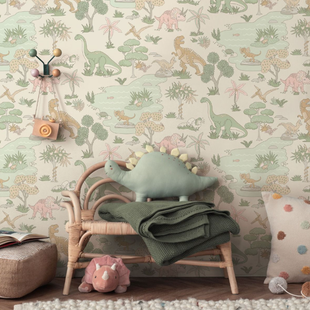 Holden's Kids Pink Sage Green Dino Zoo Wallpaper 14013 5060729373187