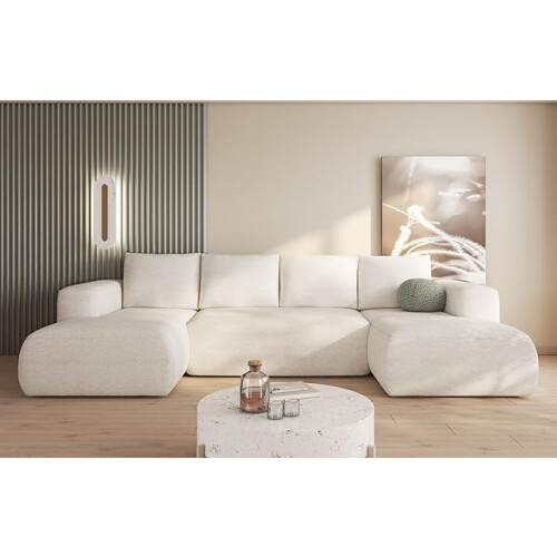 (U Shaped ) Gaba Lambi Cream Corner Sofa L-Shape Left 266 x 89 x 164 cm with Sleep Function and Storage Space