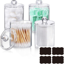 Cotton Buds Container Pack of 4, Transparent Acrylic Storage Box for Cotton Pads, Balls, Ear Sticks with 4 Labels