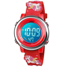Kids Digital Sports Watch 30m Waterproof Multifunction LED Backlight 7 Colors for 3-12 Years Old Boys Girls Unicorn Red