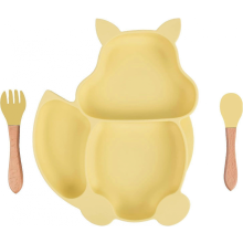 Squirrel Yellow Kids Tableware Set with Suction Cup Plate and Silicone Placemat for Baby Eating Training