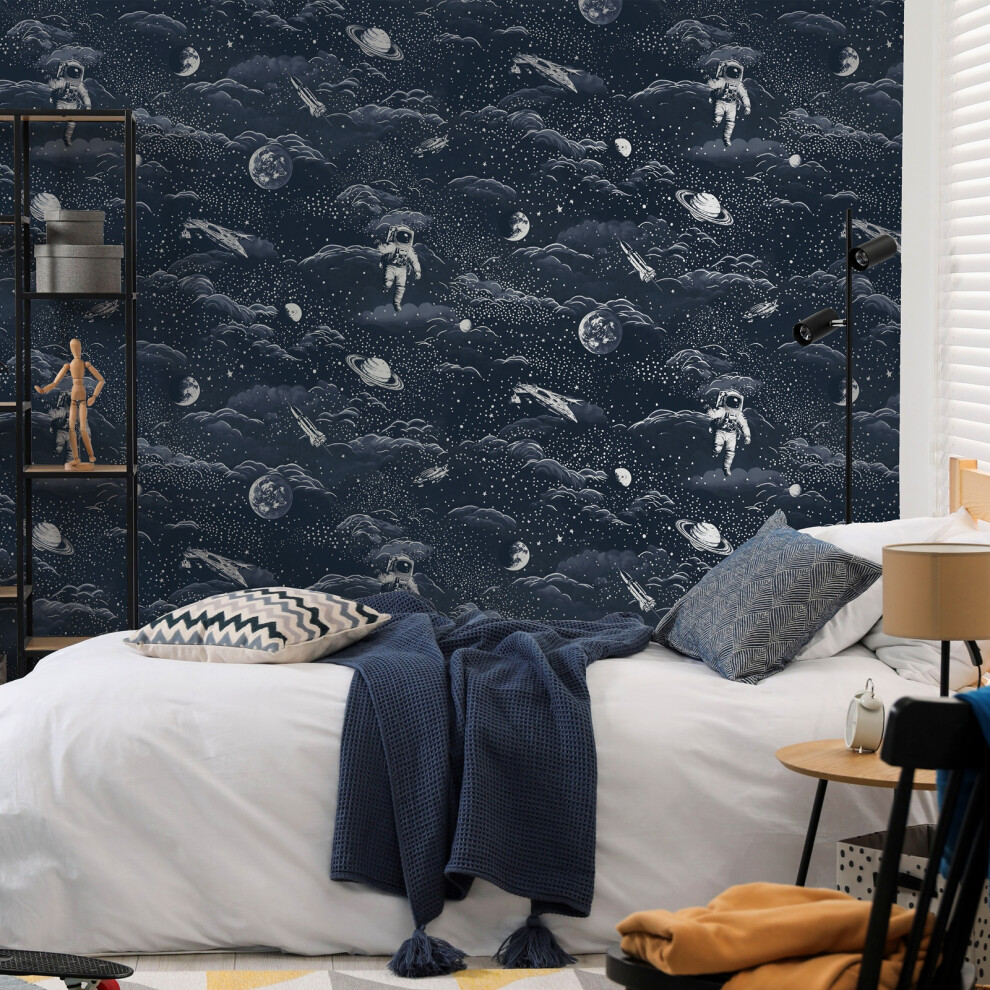 Blue Silver Space Wallpaper Metallic Astronauts Moon Stars Kids Feature Bedroom - Image 2